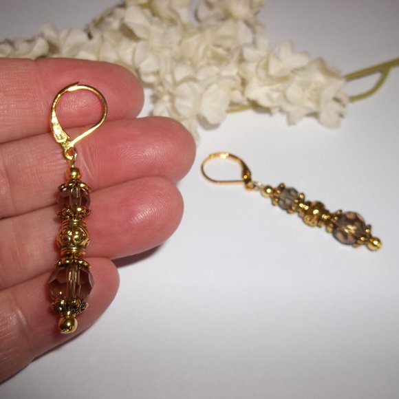 Pair of Dangle Earrings Brown Gold Lever Back 6405 - Picture 7 of 10